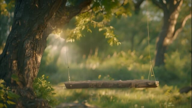 Rustic style wooden swing hanging from a tree