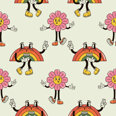 A seamless pattern with funny, cute and smiling flower and rainbow character in a groovy style vector illustration