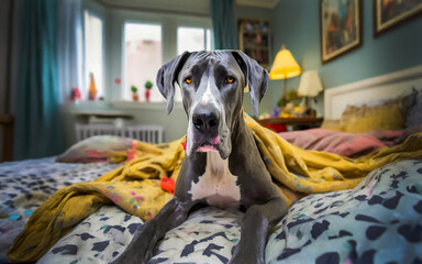 Great Dane lies in a messy bed, AI generated - obrazy, fototapety, plakaty