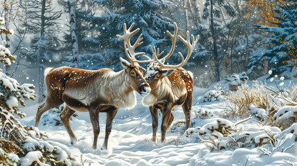 A pair of reindeer playing in a snow-covered forest clearing, th