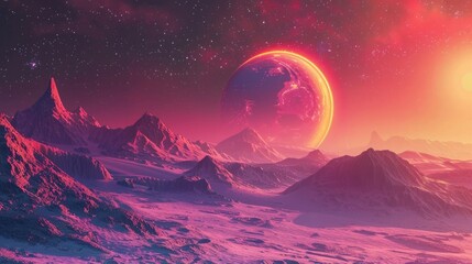 A stunning view of a distant planet bathed in the warm glow of its parent star, with vivid colors painting the alien landscape. - obrazy, fototapety, plakaty
