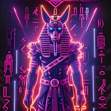 Anubis, the Egyptian god of the dead, is depicted in a modern, neon-like style.