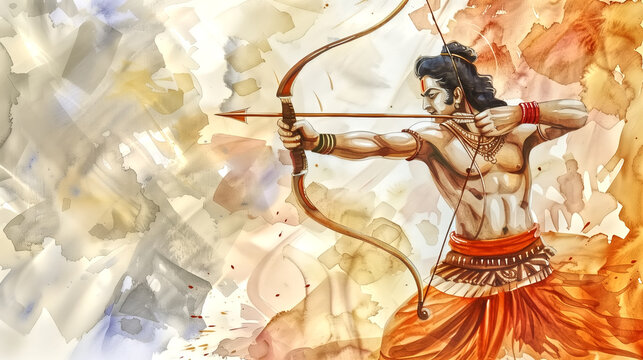 Watercolor illustration of lord rama with a bow and arrow for ra