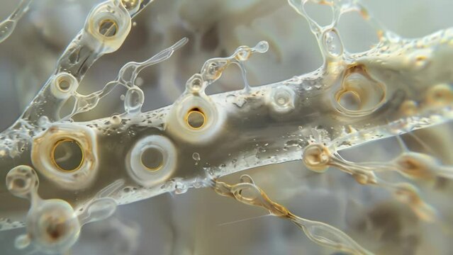 Detailed image of a single fungal hypha revealing its tubular structure and septa crosswalls that allow for the transfer of nutrients . AI generation.