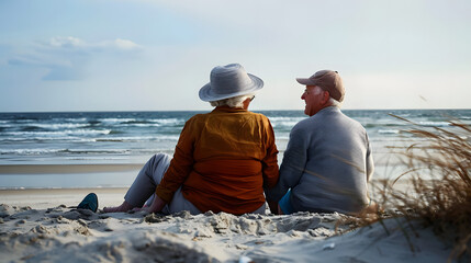 Fototapeta premium Old couple sitting on the beach and looking at the sea -