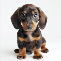 A cute dachshund puppy with big expressive eyes sits against a white background, looking directly at the camera.