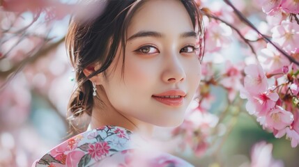 Beautiful Asian lady posing gracefully in a floral kimono under sakura blooms