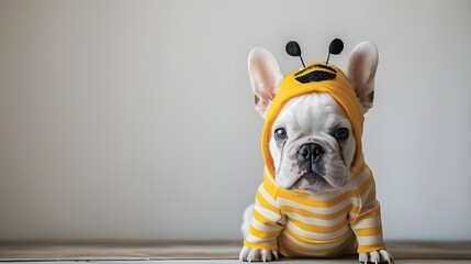 Dog with halloween bee costume. Funny grumpy cute french bulldog dressed up bee. Creative pet animal fashion character concept, holiday festive season comic humor greeting card wallpaper, copy space.