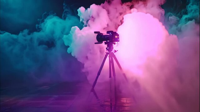 classic film camera on tripod with gradient neon smoke