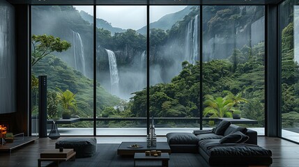 Modern living room with large windows overlooking the mountain, black sofa and fireplace, glass...
