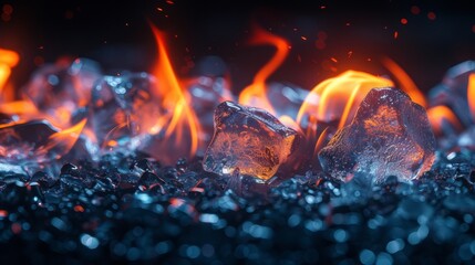 Ice, behind which there is a fire, a flame, on a black background. Confrontation between ice and fire. Ice versus fire. Contrast. Opposites. Heat versus cold. - obrazy, fototapety, plakaty