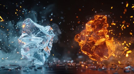 Ice and fire/flame, on a black background. Confrontation between ice and fire. Ice versus fire. Contrast. Opposites. Heat versus cold. - obrazy, fototapety, plakaty