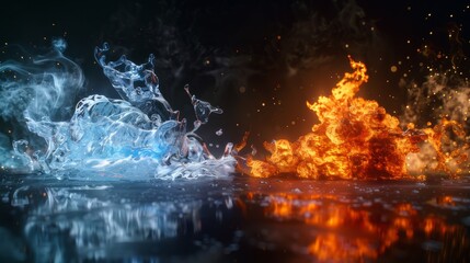 Ice and fire/flame, on a black background. Confrontation between ice and fire. Ice versus fire. Contrast. Opposites. Heat versus cold.