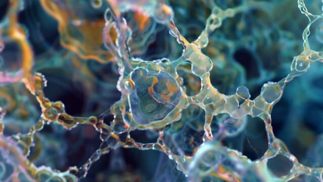 An intricate network of overlapping and intertwining pseudopodia created by a of amoebas creating a beautiful and complex structure . AI generation.