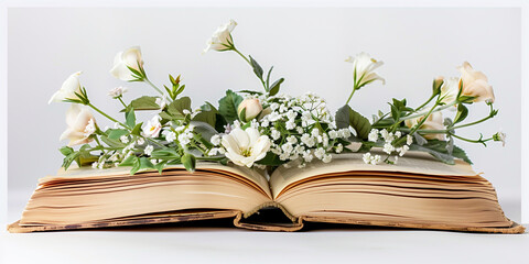 Elegant white flowers and green leaves arranged on aged open book pages against a white background