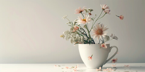 Graceful white and pink flowers arranged in a teacup symbolizing peace and simplicity on a muted background