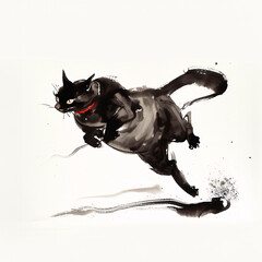 黒猫の水墨画