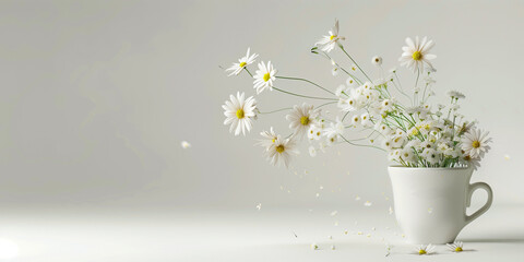 A lively burst of white daisy flowers and dynamic water droplets contained in a white cup against a gray backdrop