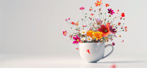 A vibrant and colorful arrangement of assorted wildflowers overflowing from a white teacup against a soft background