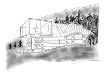 Drawing of a log house in the forest