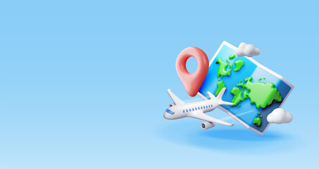 3D airplane in clouds and paper map. Render world travelling by plane. World map with location pin. Time to travel concept, holiday planning. Tourist worldwide transportation. Vector illustration