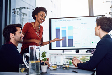 Business people, saleswoman or monitor for presentation, graphs or training data in meeting....
