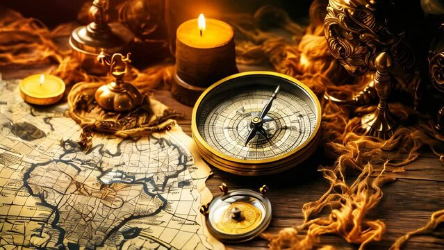 An old map on a wooden table with an old compass on it