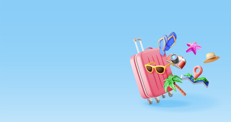 3d palm tree, travel bag, globe and photo camera. Render sunglasses, suitcase and planet earth. Travel element. Holiday or vacation. Transportation concept. Vector illustration