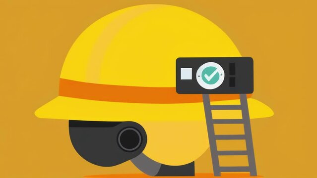 A closeup of a hard hat with an attached small ARenabled camera showing a worker a demonstration of proper ladder safety techniques. The
