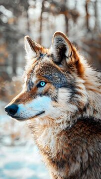 A portrait of a brown and grey wolf with bright blue eyes