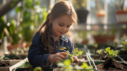 A little girl actions reflecting the importance of water conservation in the garden and the values instilled through family gardening.