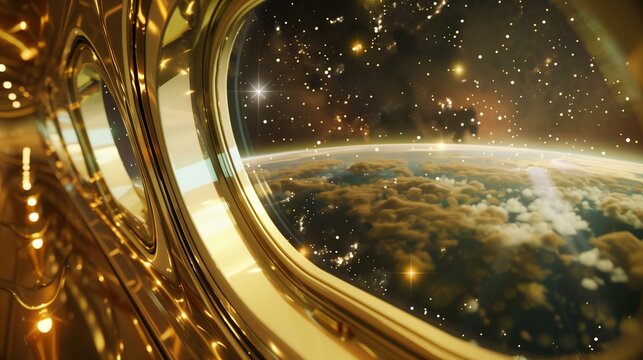 View of a planet out of a window on a gilded spacecraft; fantasy space CGI-style background image