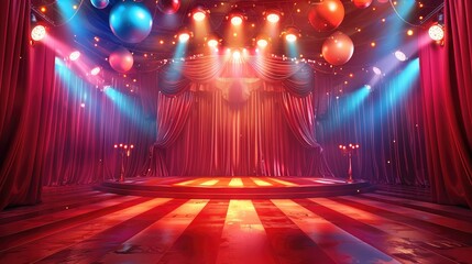 3D animation-style vector illustration of a circus stage, vibrant red and white striped curtains, colorful spotlights, bright red background. Generative AI.