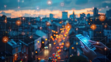 Fototapeta premium Digital landscape representing with diverse hands holding smartphones displaying text message notifications, interconnected with glowing lines symbolizing automated communication flow. Generative AI.