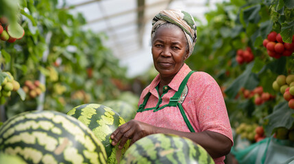 Amidst the verdant foliage of her greenhouse, a portrait showcases the African American owner of a...