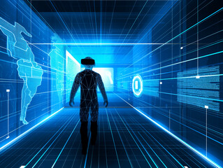Obraz premium A man walks through a blue room with a world map in the background. The world of technology, connectivity, communication
