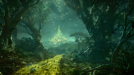 Mysterious Nighttime Journey through Magical Forest towards Emerald City in 'Oz' story