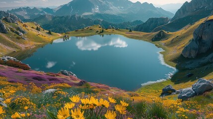 Aerial view, the lake in the mountains is serene, surrounded by yellow flowers and a pink forest. Generative AI.