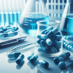 Capsules with medicine, pharmaceuticals, chemistry, tablets, blue tones, sterility, safety. Generative AI