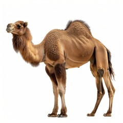A proud Bactrian camel standing isolated against a white background, showcasing its unique hump and fur.