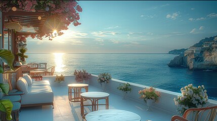 A bar rooftop coffee club overlooking the sea in the morning. Generative AI.