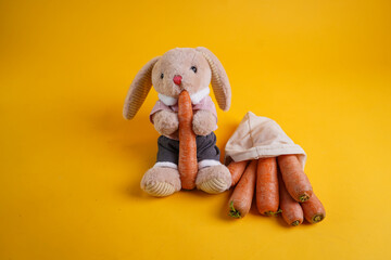 A brown toy rabbit on a yellow background with a large carrot