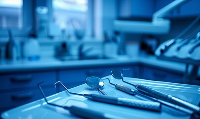 A banner showcasing a dentist's office room, featuring a close-up of various dental instruments and tools, with a blue toning effect applied. - obrazy, fototapety, plakaty