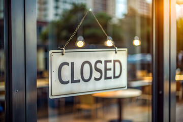 Closed sign on restaurant door with warm interior and reflective glass, conveying quietness