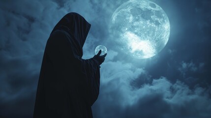 Dark Cloaked Figure with Crystal Ball in Moonlight AI Generated. - obrazy, fototapety, plakaty
