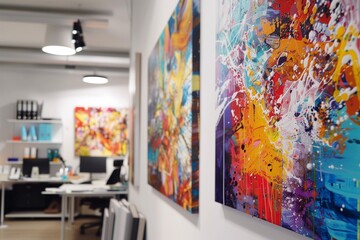 Vibrant artwork displayed in the office, contributing to a positive and inspiring atmosphere,