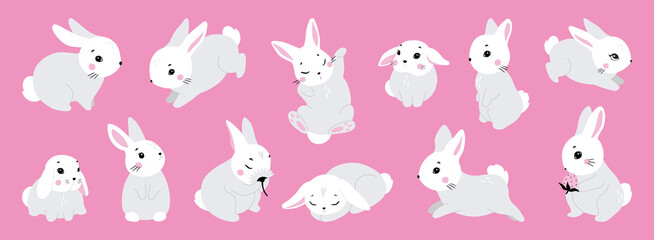 Cute white rabbit in various poses. Rabbit animal icon isolated on background. For Moon Festival, Chinese Lunar Year of the Rabbit, Easter decor. White Easter bunny, hare. Wild animals, baby animals 