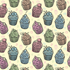 Vector pattern from a collection of cupcakes, muffins, hand-drawn in the style of doodles.