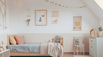 Modern minimal home interior design. Nursery room with bed, pillows, bed linen, plaid, toys, furniture and decorations