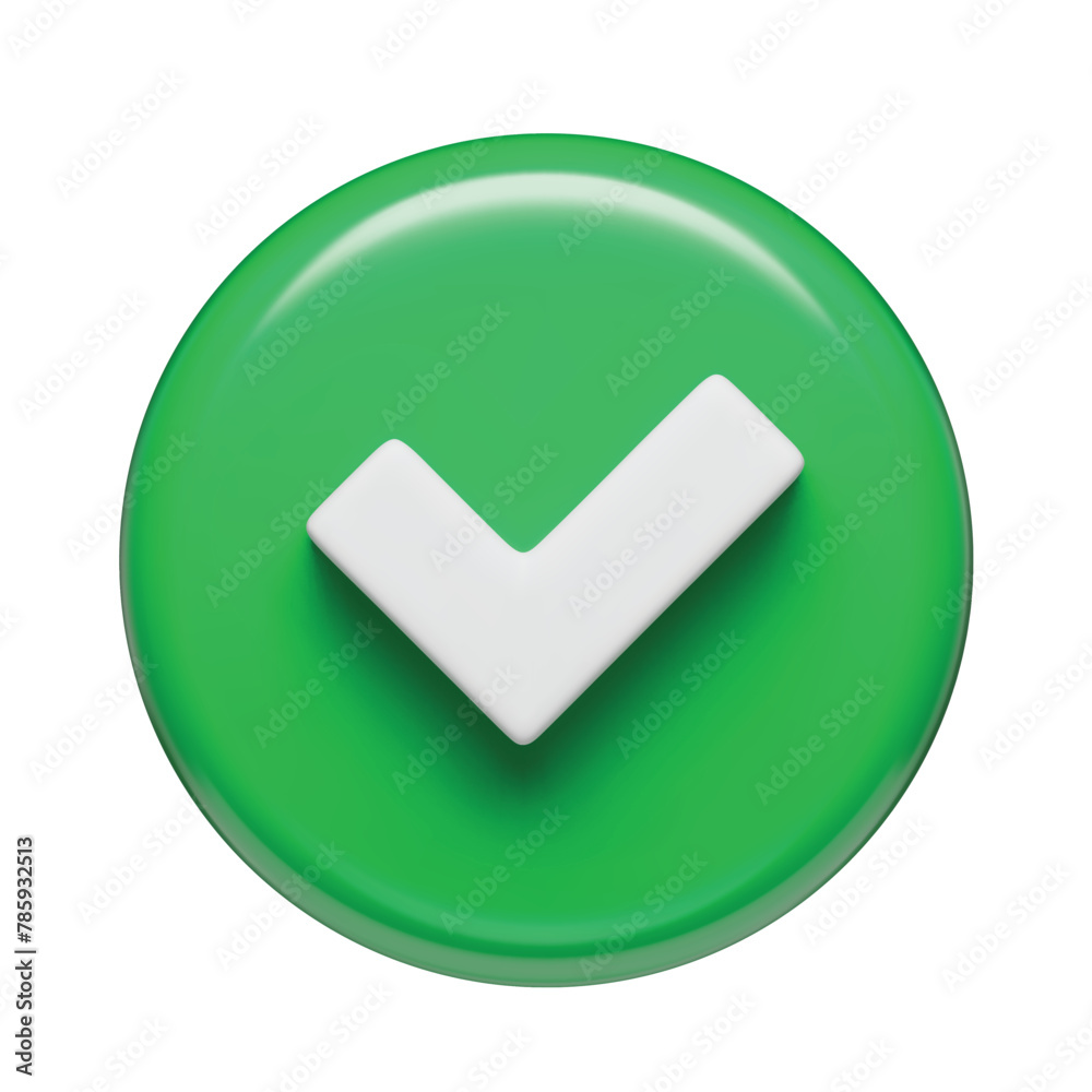 Poster 3d realistic tick check mark sign, green round shaped interface button. yes or correct check mark in